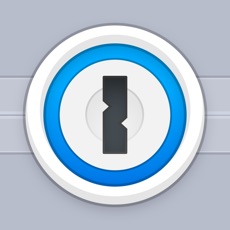 1password's logo looks like a bank vault. The background is a light grey, a bordered off-white circle is on top of this making it look embossed. Inside this is a blue circle. Inside the blue circle is another off-white circle. Inside that is a dark grey symbol that looks like a simplified keyhole. The simplified keyhole can be described as a line that has a bit of a twist in the middle.