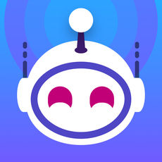 Apollo has a circular gradient effect background in light blues to light purples. On this is a robot version of reddit's snoo icon - Snoo is an alien and/or tellytubby head. The robot snoo is white with pink eyes. The eyes are stylized in a way to make the robot look cheerful.