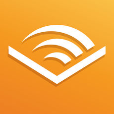 Audible's icon is an orange background. On top is a downward-pointing tail-less arrow. The arrow's acute side has lines that indicate the arrow is actually a book being opened. The lines are wider on the right than the left