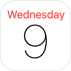 The iOS calendar app is a white background with the day in red and the day of month in black below it. The image I've picked indicates it's Wednesday the 9th. The month is not specified in the icon.