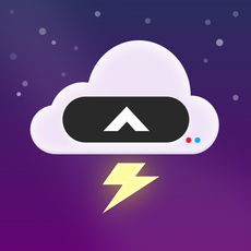 Carrot's icon has a nighttime background. By this I mean a dark to light purple gradient with white points indicating stars. In front of this is a white cloud with a yellow lightning bolt underneath. On the cloud is a black pill shape which has a white upward pointing arrow inside.