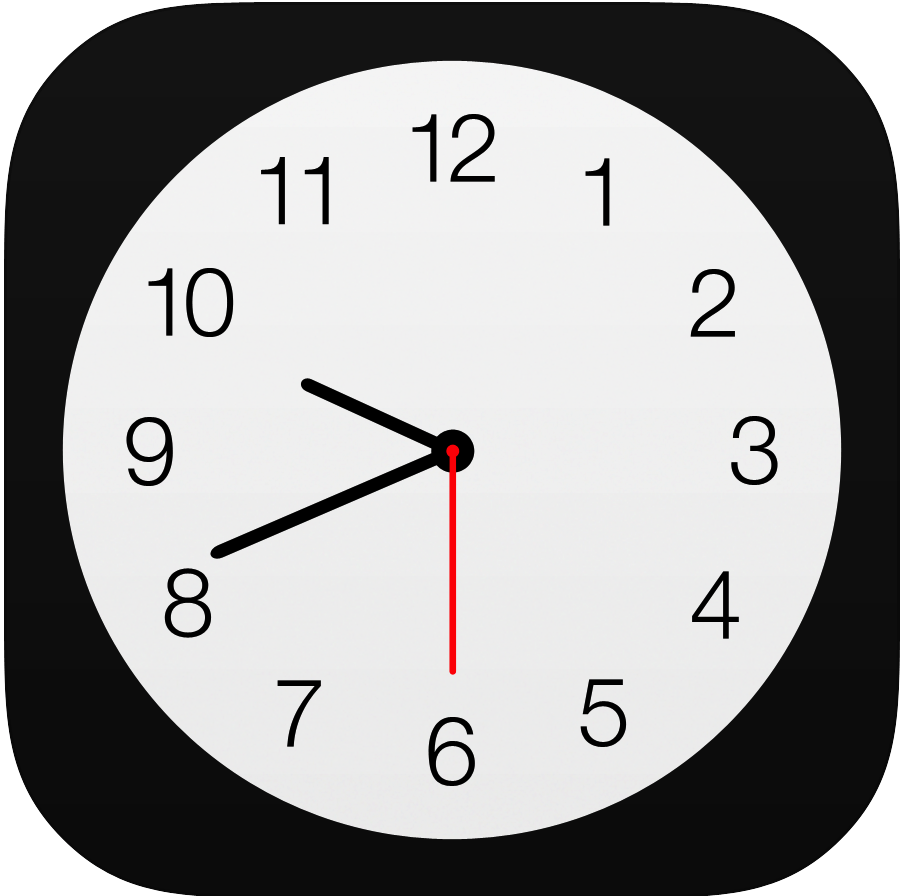 The iOS clock icon is a black background with a white clock face. The hands on the image I've picked would indicate it's around 9:41 and 30 seconds.