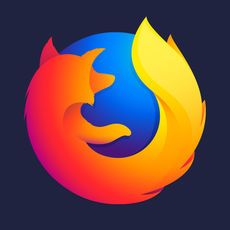 Firefox's logo is a dark blue background. On top of this is a lighter blue sphere, the sphere is obscured around northwest to northeast with a simplified depiciton of a fox. The fox is a dark orange at the head which lightens to about where the tail would start. The tail is a gradient from orange to yellow.