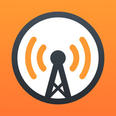 Overcast's icon has an orange background. On this is a white circle with a thick black border. Inside the circle is a simplified radio tower in the same black of the border. To the left and right of the tower's point are two orange semicircles giving a ripple effect - standard broadcast icon sort of way.