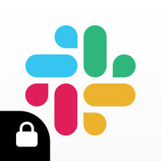 Slack's icon is a solid white background with blobs of 4 colours. To picture the blobs, imagine the southwest blob as a lowercase i with the top dot having fallen off to the left slightly - it's a light red. Now rotate that 90 degrees so the dot is at the top and place it in the northwest position, this one is a light blue. The northeast position is again rotated 90 degrees and is a light green. Once more for the southeast position, this one is yellow. This EMM version of the logo has a padlock in the very bottom left. The padlock is a white icon on a blacked out corner.
