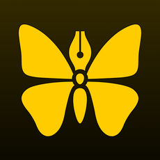 Ulysses' icon is an almost black dark grey background. On top of this is a top down view of a yellow butterfly. The head of the butterfly is a fountain pen nib